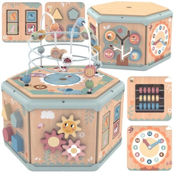 Medinis Montessori lavinamasis šešiakampis su atidaromu dangčiu