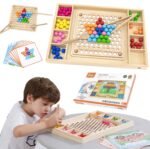 Medinis Montessori žaidimas spalvų ir raštų derinimui su įrankiais