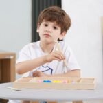 Medinis Montessori žaidimas spalvų ir raštų derinimui su įrankiais