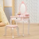 Medinis baltai rožinis tualetinis staliukas su veidrodžiu ir kėdute – Paveikslėlis 2