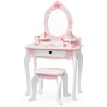 Medinis baltai rožinis tualetinis staliukas su veidrodžiu ir kėdute – Paveikslėlis 13