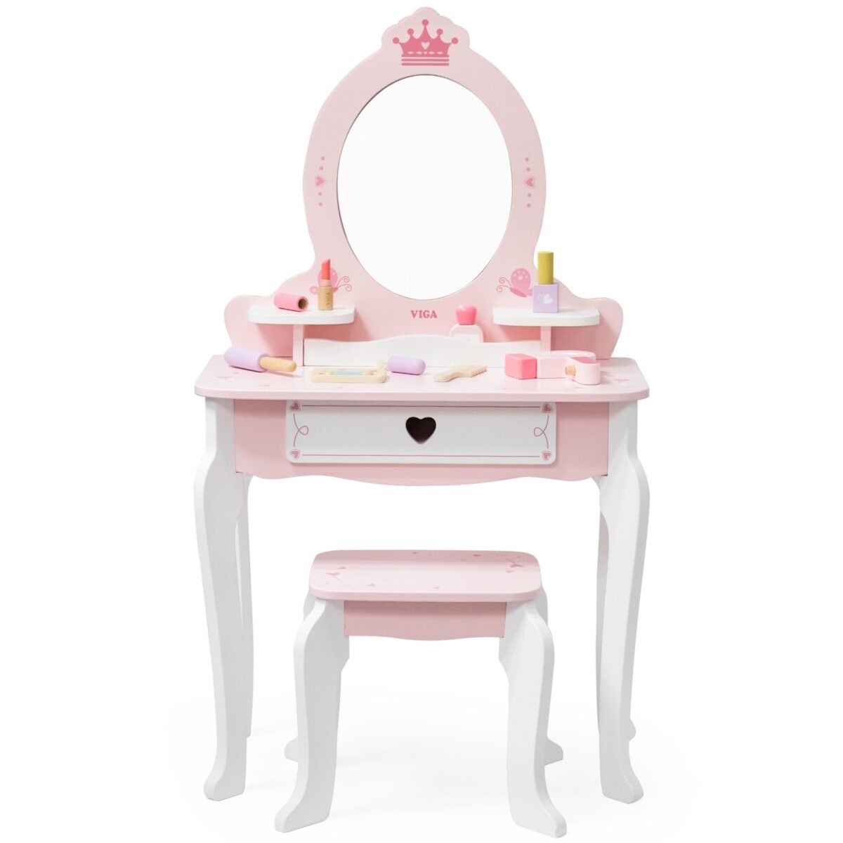 Medinis baltai rožinis tualetinis staliukas su veidrodžiu ir kėdute – Paveikslėlis 14