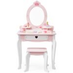 Medinis baltai rožinis tualetinis staliukas su veidrodžiu ir kėdute – Paveikslėlis 14
