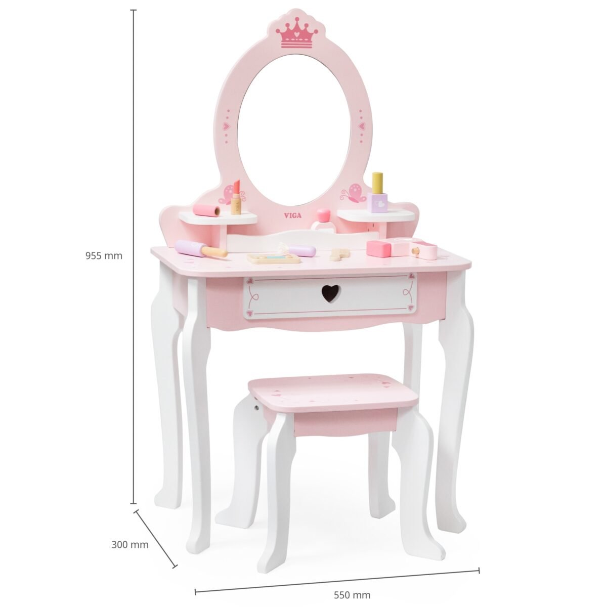Medinis baltai rožinis tualetinis staliukas su veidrodžiu ir kėdute – Paveikslėlis 15