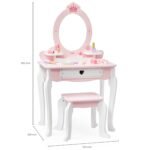 Medinis baltai rožinis tualetinis staliukas su veidrodžiu ir kėdute – Paveikslėlis 15