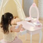 Medinis baltai rožinis tualetinis staliukas su veidrodžiu ir kėdute – Paveikslėlis 3