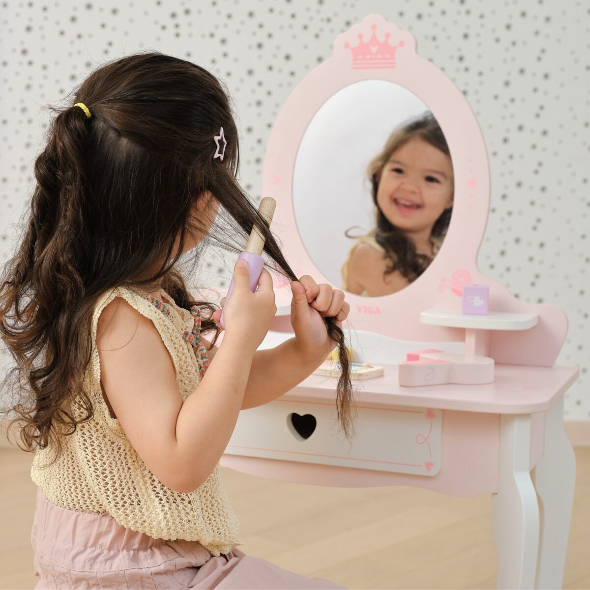 Medinis baltai rožinis tualetinis staliukas su veidrodžiu ir kėdute – Paveikslėlis 4