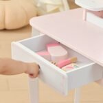 Medinis baltai rožinis tualetinis staliukas su veidrodžiu ir kėdute – Paveikslėlis 5