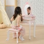 Medinis baltai rožinis tualetinis staliukas su veidrodžiu ir kėdute – Paveikslėlis 8