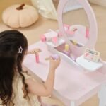 Medinis baltai rožinis tualetinis staliukas su veidrodžiu ir kėdute – Paveikslėlis 9