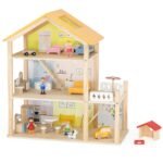 Medinis didelis lėlių namelis su baldais ir priedais