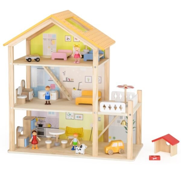 Medinis didelis lėlių namelis su baldais ir priedais