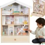 Medinis dviaukštis lėlių namelis su figūrėlėmis