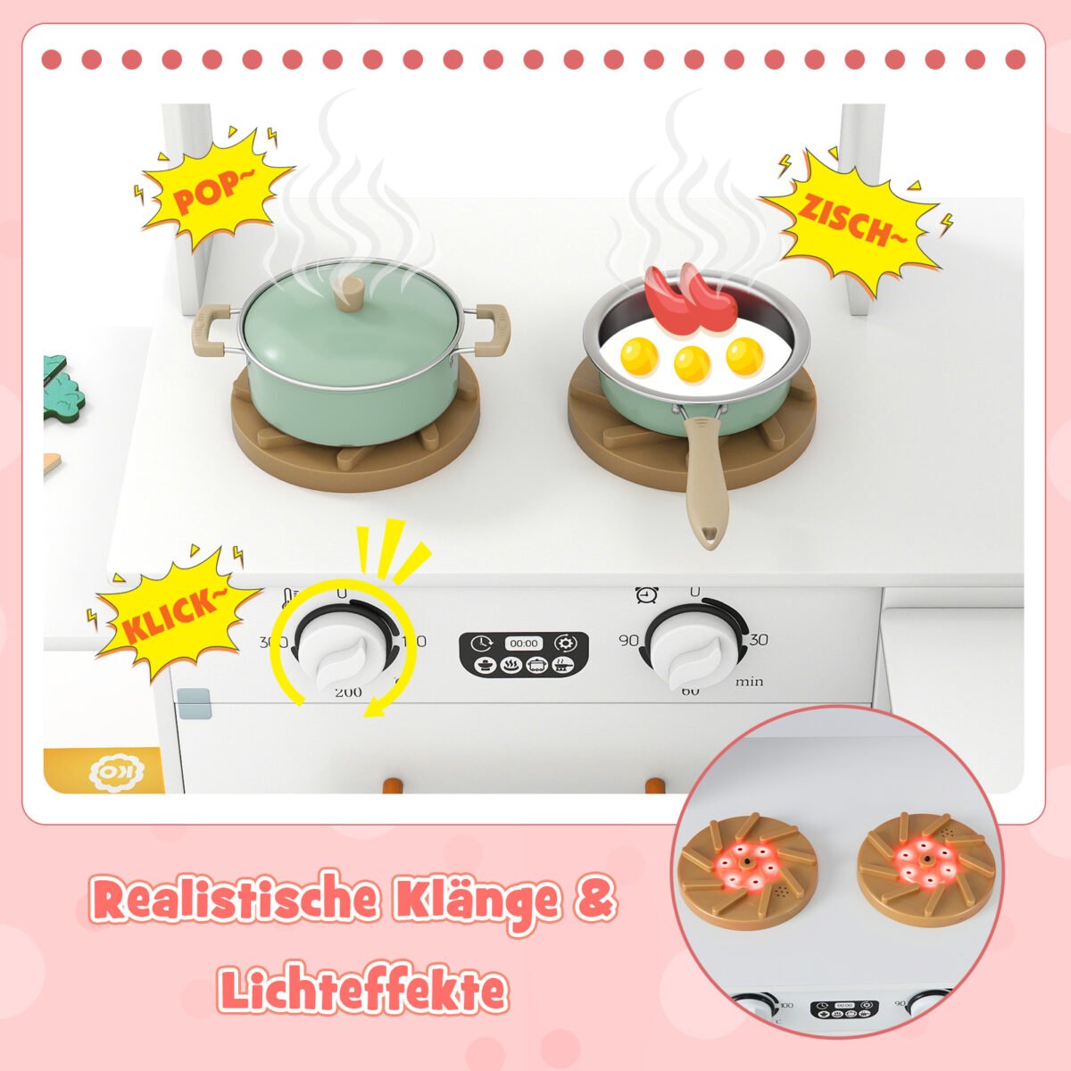 Medinis kampinis žaidimų virtuvės komplektas su garsais ir šviesomis (Balta) – Paveikslėlis 4