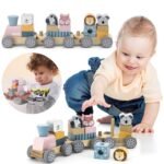 Medinis lavinamasis traukinukas su vagonėliais ir gyvūnėlių kaladėlėmis