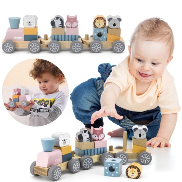 Medinis lavinamasis traukinukas su vagonėliais ir gyvūnėlių kaladėlėmis