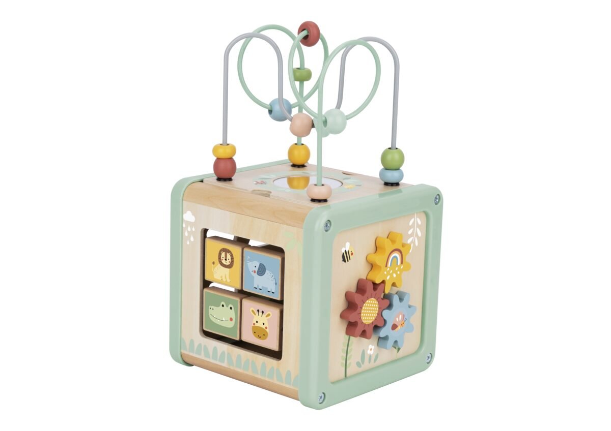 Medinis pastelinių spalvų veiklos kubas su figūrų rūšiuokliu – Paveikslėlis 16