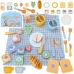 Medinis pikniko rinkinys lagaminėlyje su pjaustomais vaisiais ir pusryčių priedais