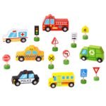 Medinių transporto priemonių ir kelio ženklų rinkinys, 15 dalių