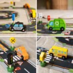 Medinių transporto priemonių ir kelio ženklų rinkinys, 15 dalių