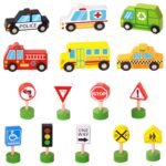 Medinių transporto priemonių ir kelio ženklų rinkinys, 15 dalių