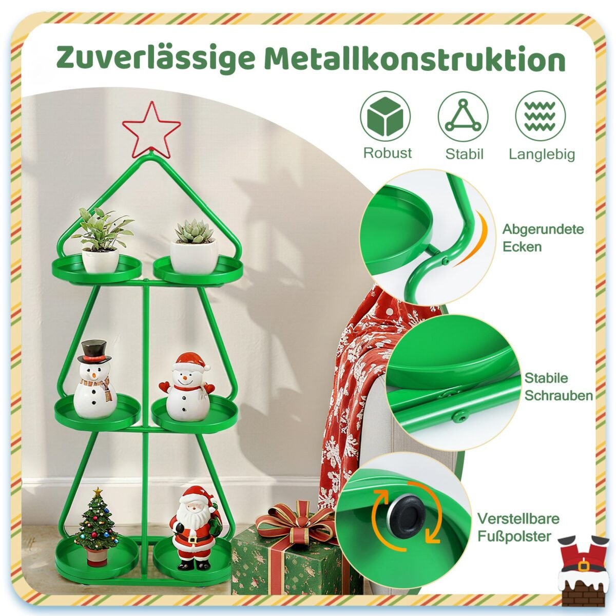 Metalinė eglutės formos 3 pakopų dekoratyvinė lentyna augalams (Žalia) – Paveikslėlis 4