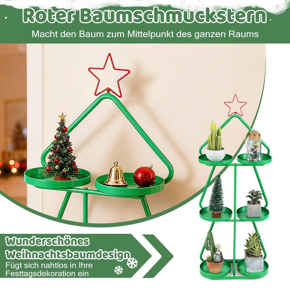 Metalinė eglutės formos 3 pakopų dekoratyvinė lentyna augalams (Žalia) – Paveikslėlis 5