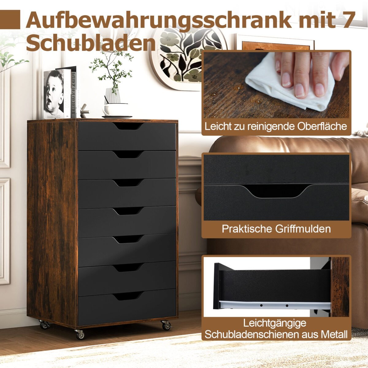 Biuro komoda su 7 stalčiais (Rustikinė ruda) – Paveikslėlis 4