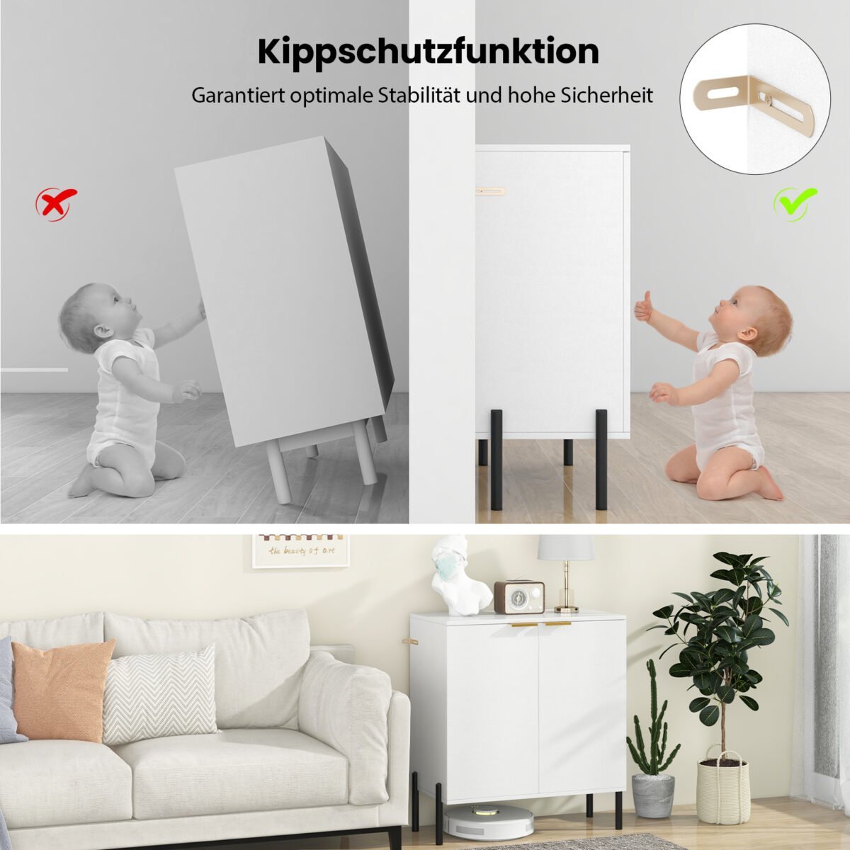 Moderni dviejų durų indauja su lentynomis ir metalinėmis kojelėmis (Balta) – Paveikslėlis 3