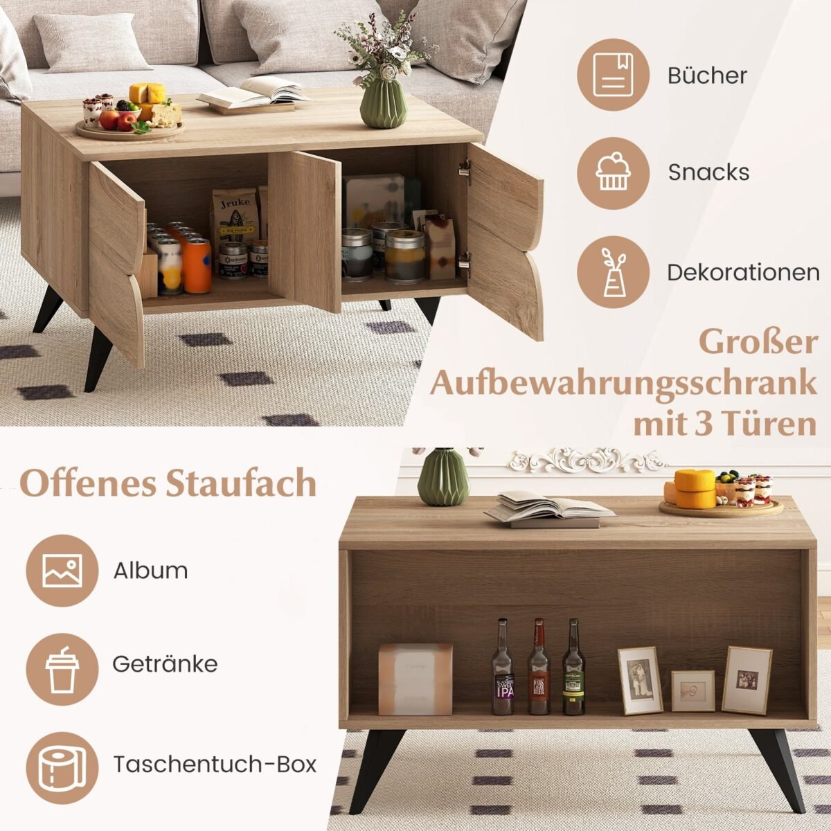 Kavos staliukas su talpiomis daiktadėžėmis ir trimis durelėmis (Ąžuolo pilka) – Paveikslėlis 3