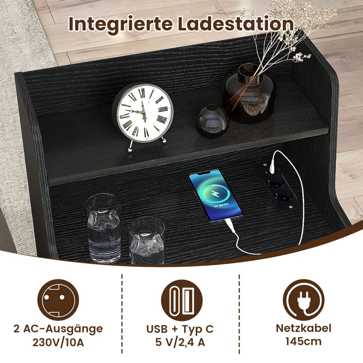 Naktinis staliukas su LED apšvietimu ir įkrovimo stotele (Juoda) – Paveikslėlis 3