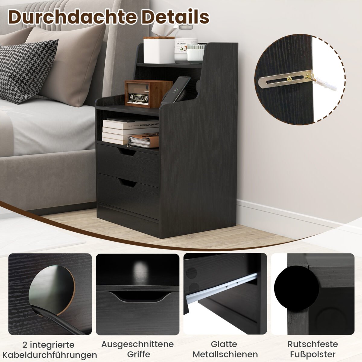 Naktinis staliukas su LED apšvietimu ir įkrovimo stotele (Juoda) – Paveikslėlis 4