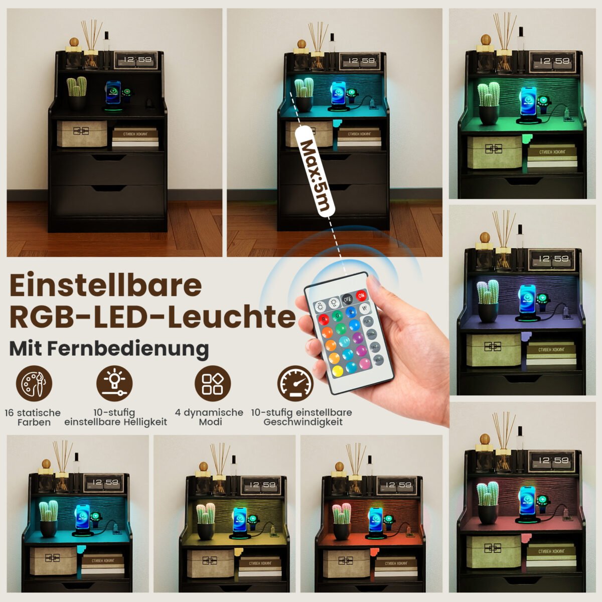 Naktinis staliukas su LED apšvietimu ir įkrovimo stotele (Juoda) – Paveikslėlis 5