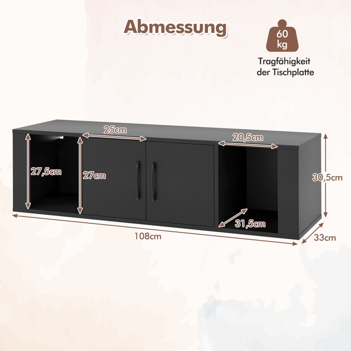 Pakabinama spintelė-stalas su dviem durimis ir atvirais skyriais (Juoda) – Paveikslėlis 2
