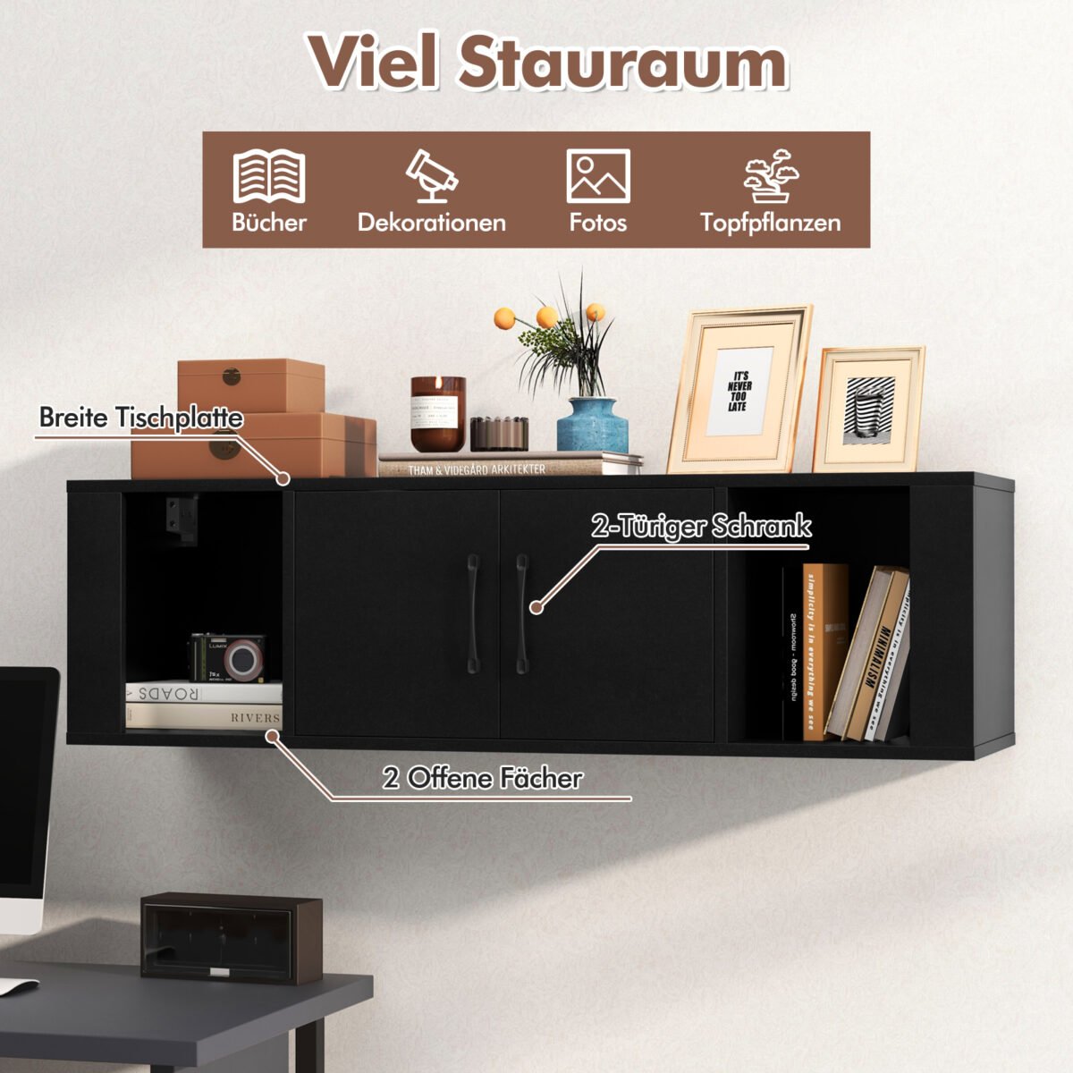 Pakabinama spintelė-stalas su dviem durimis ir atvirais skyriais (Juoda) – Paveikslėlis 4