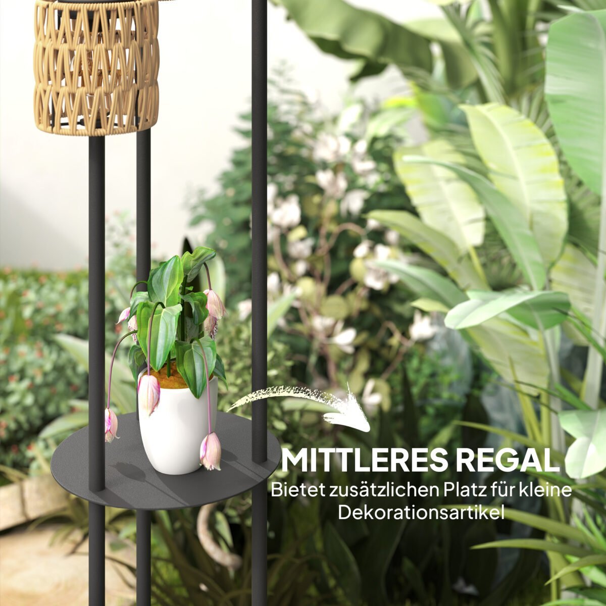 Lauko pastatoma rotango stiliaus saulės lempa su trigubu apšvietimu ir lentyna – Paveikslėlis 7