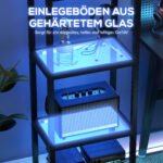 Pastatomas šviestuvas su stiklinėmis lentynomis ir RGB apšvietimu su muzikos sinchronizacija
