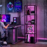 Pastatomas šviestuvas su stiklinėmis lentynomis ir RGB apšvietimu su muzikos sinchronizacija