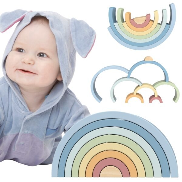 Pastelinė medinė lavinamoji vaivorykštės dėlionė