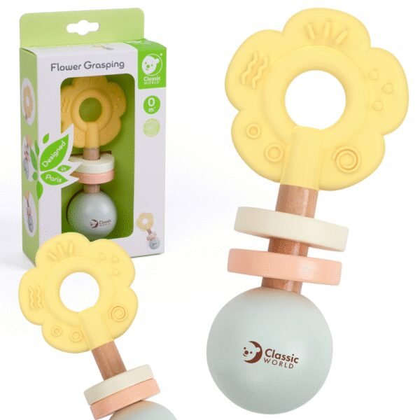 Pastelinis medinis gėlės formos barškutis-kramtukas 0+