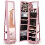 Pasukama 360° papuošalų spintelė su viso ūgio veidrodžiu (Rožinė)