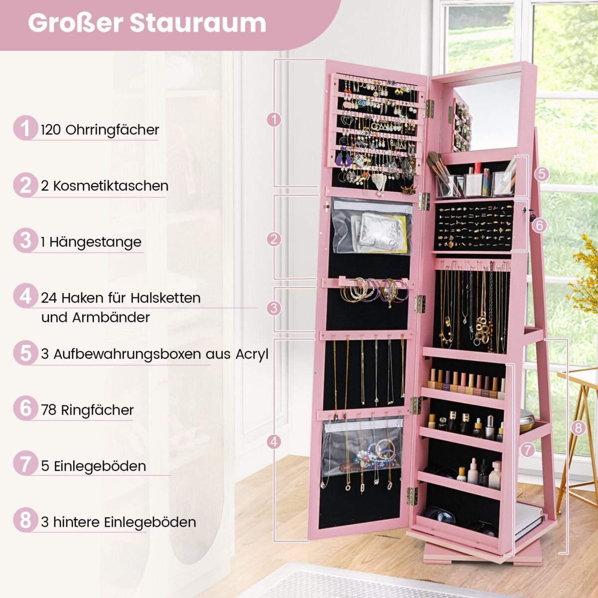 Pasukama papuošalų spintelė su viso ūgio veidrodžiu (Rožinė) – Paveikslėlis 3