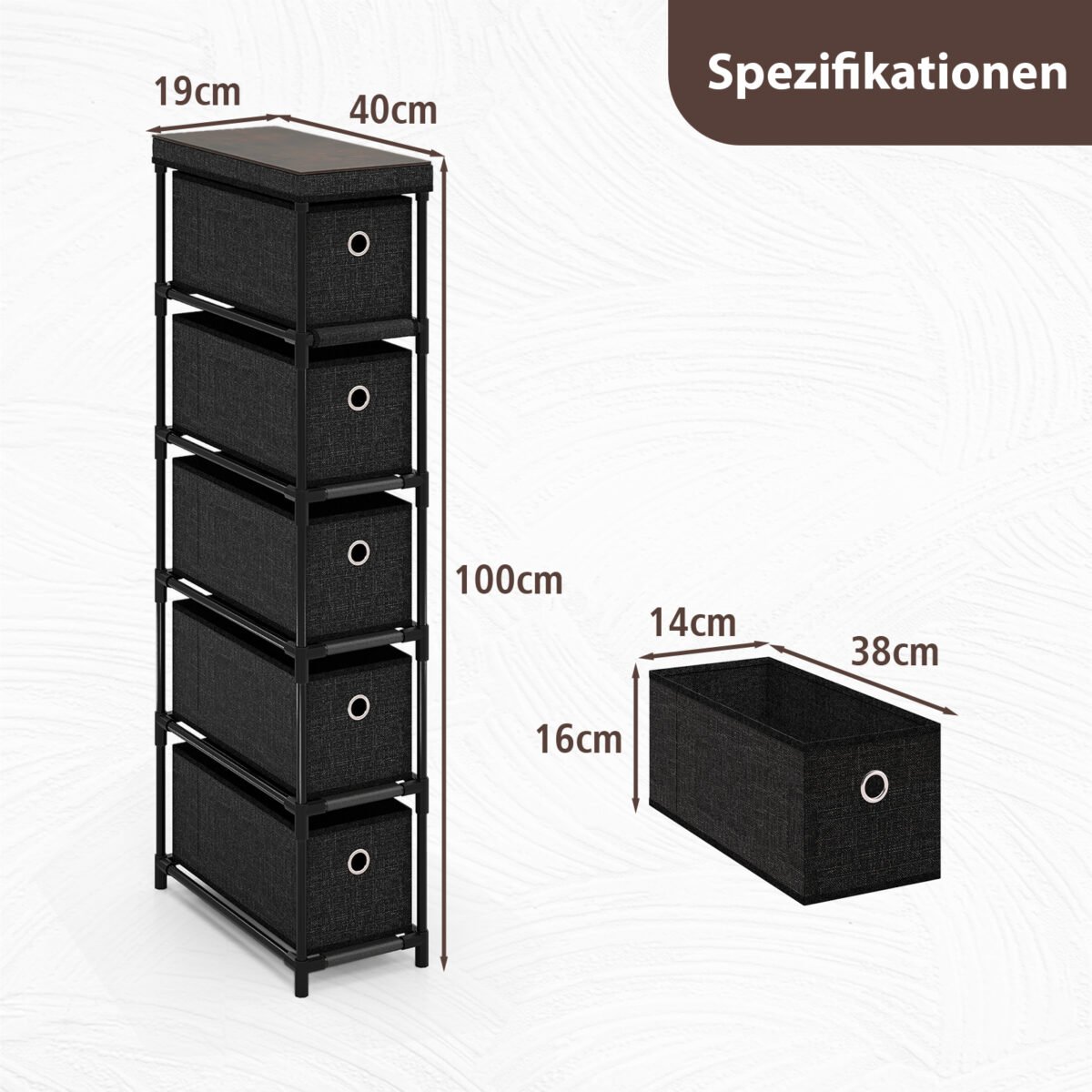 Plona penkių stalčių komoda metaliniu rėmu (Juoda) – Paveikslėlis 2