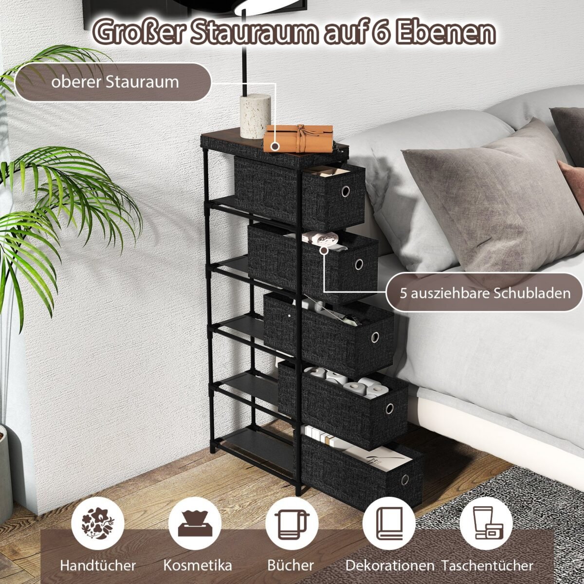 Plona penkių stalčių komoda metaliniu rėmu (Juoda) – Paveikslėlis 4