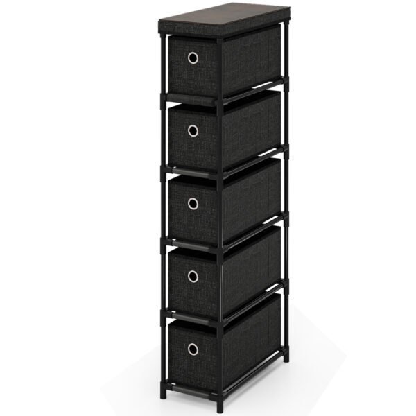 Plona penkių stalčių komoda metaliniu rėmu (Juoda)