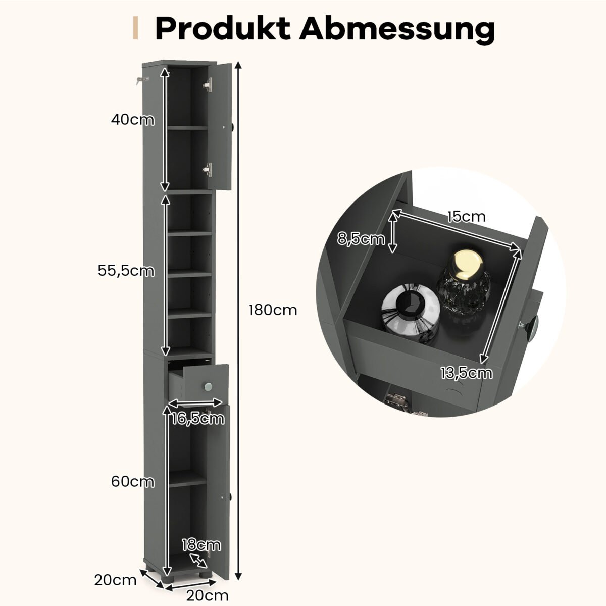 Plona vonios spintelė su stalčiumi ir reguliuojamomis lentynomis (Pilka) – Paveikslėlis 2