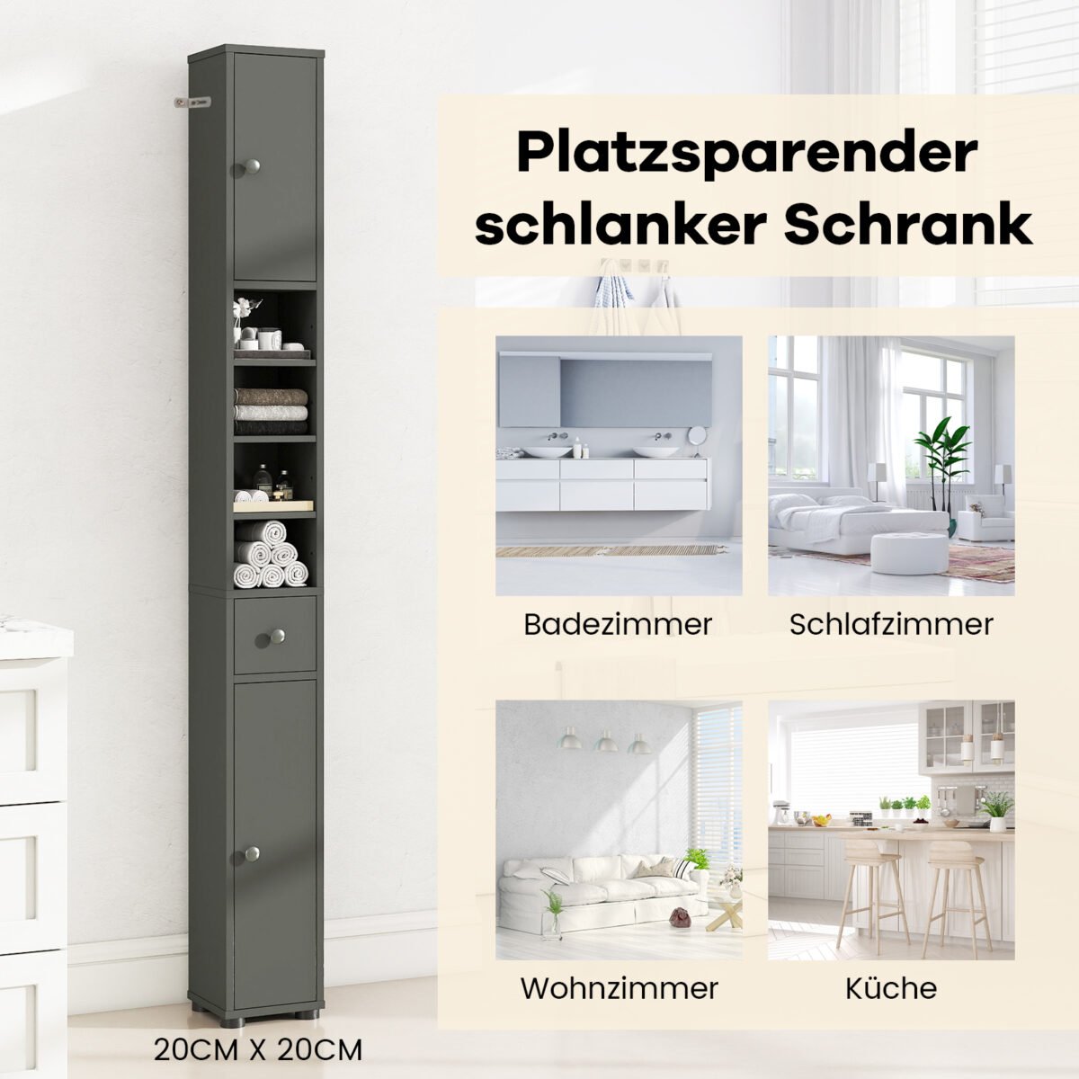 Plona vonios spintelė su stalčiumi ir reguliuojamomis lentynomis (Pilka) – Paveikslėlis 3