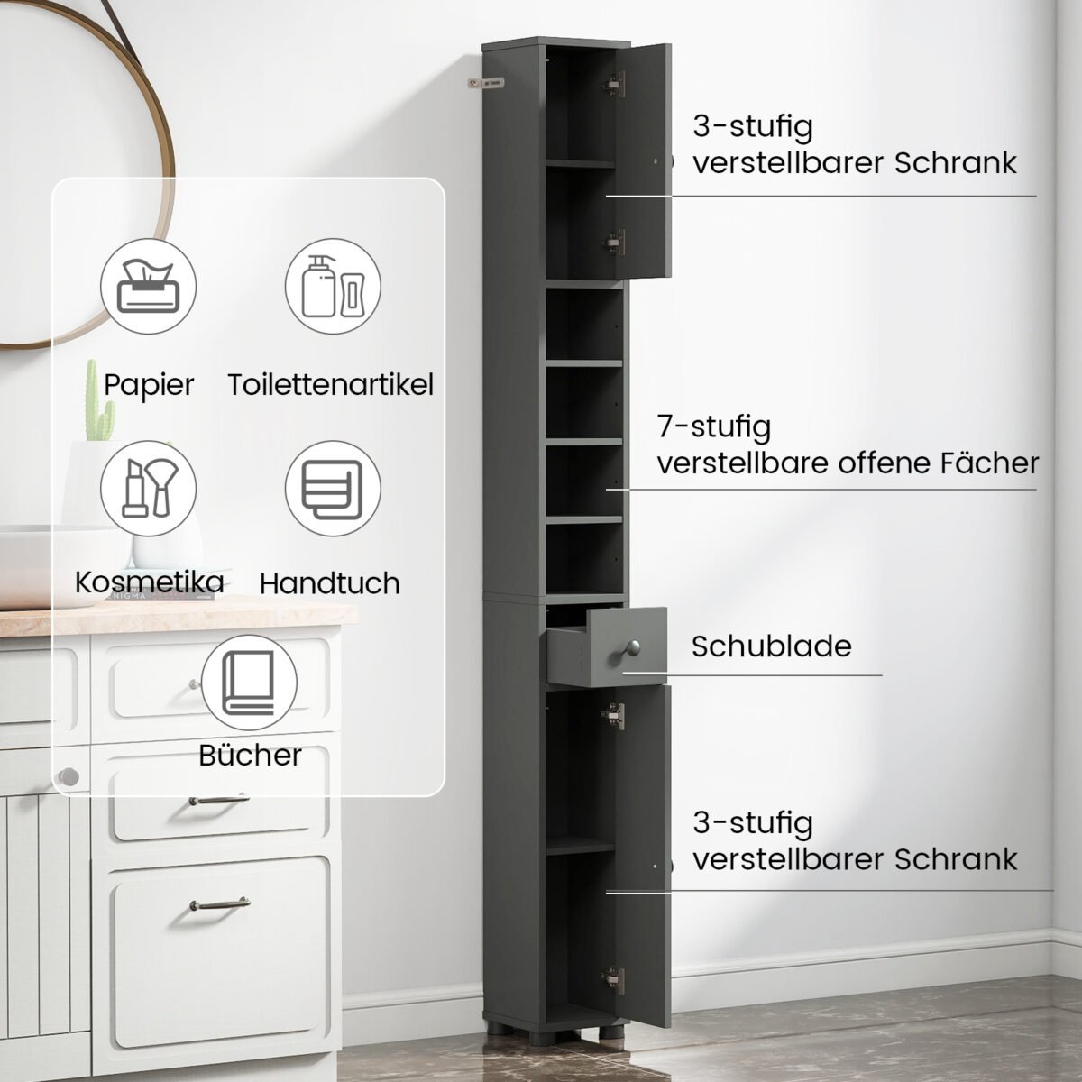 Plona vonios spintelė su stalčiumi ir reguliuojamomis lentynomis (Pilka) – Paveikslėlis 4