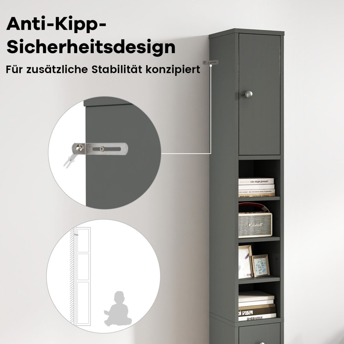 Plona vonios spintelė su stalčiumi ir reguliuojamomis lentynomis (Pilka) – Paveikslėlis 5