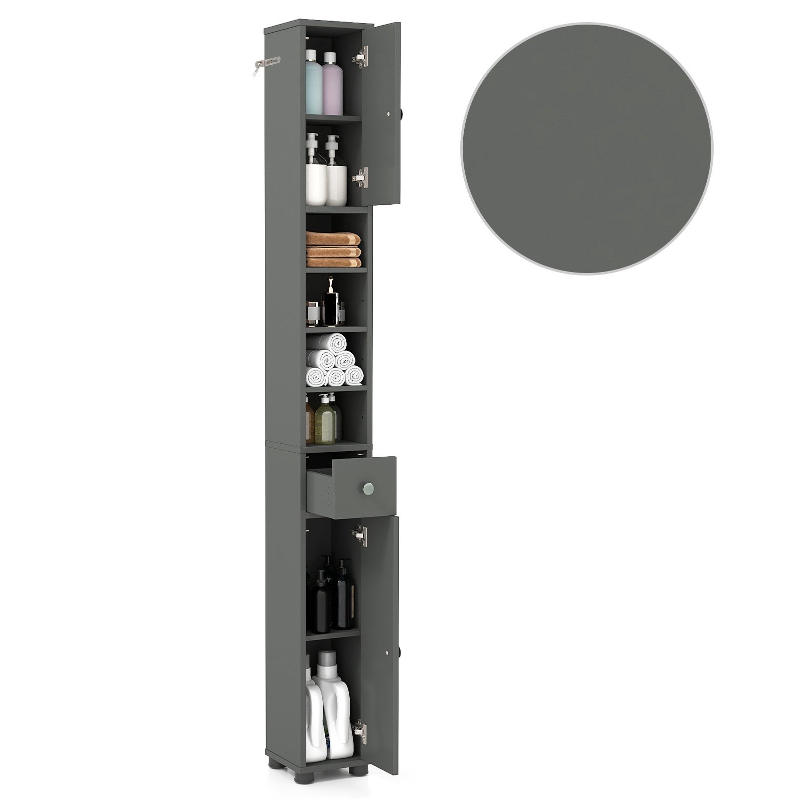 Plona vonios spintelė su stalčiumi ir reguliuojamomis lentynomis (Pilka)